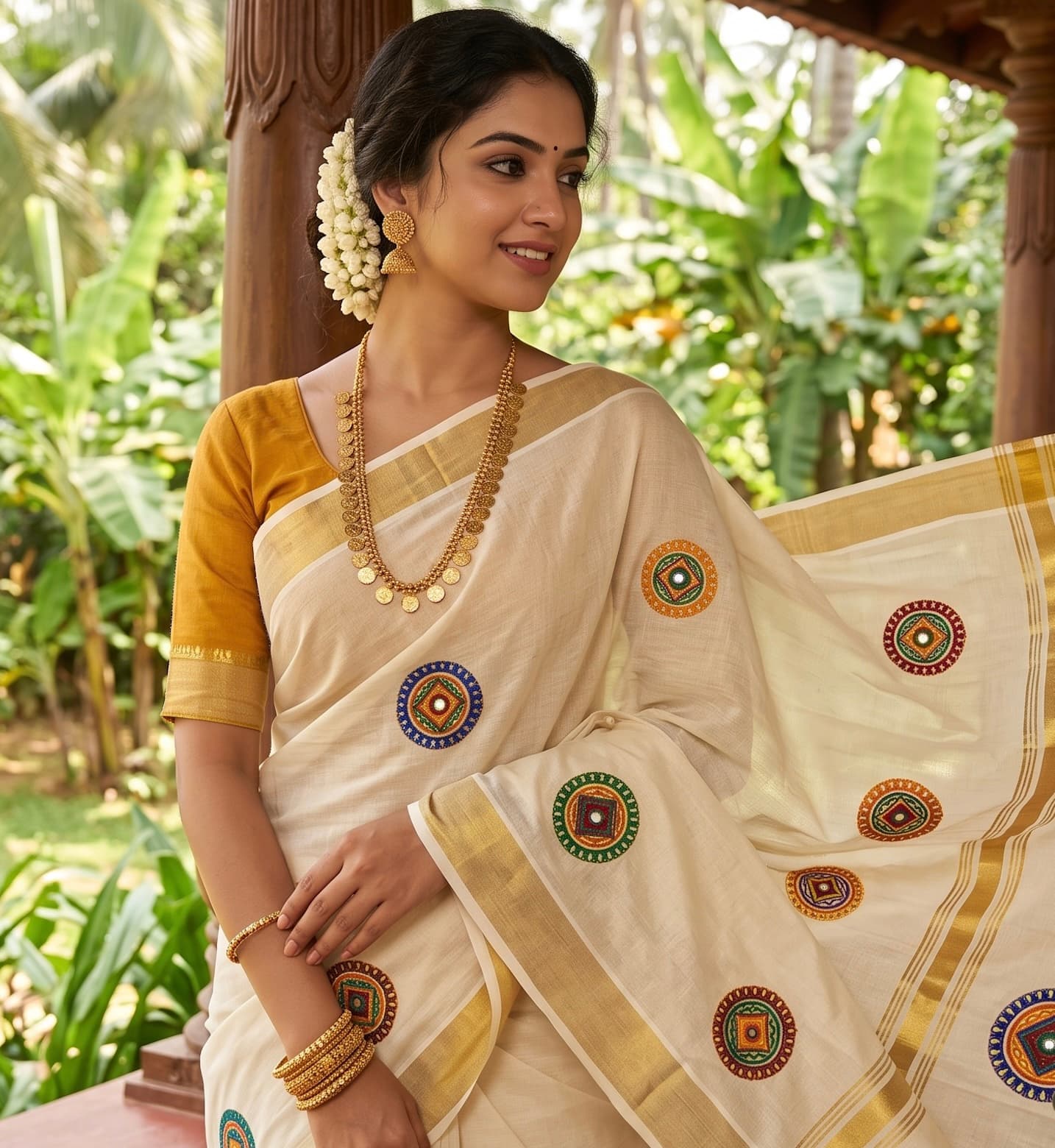 Cotton Off-White Kerala Set Saree with Multicolor Geometric Circles