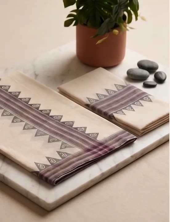 Mulloth Set Mundu with Maroon-Grey Stripes and Paisley-within-Triangle Border