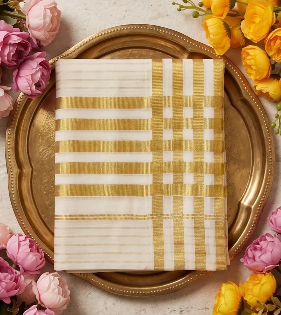 Pure Cotton Off-White Kerala Set Mundu with Golden Stripes