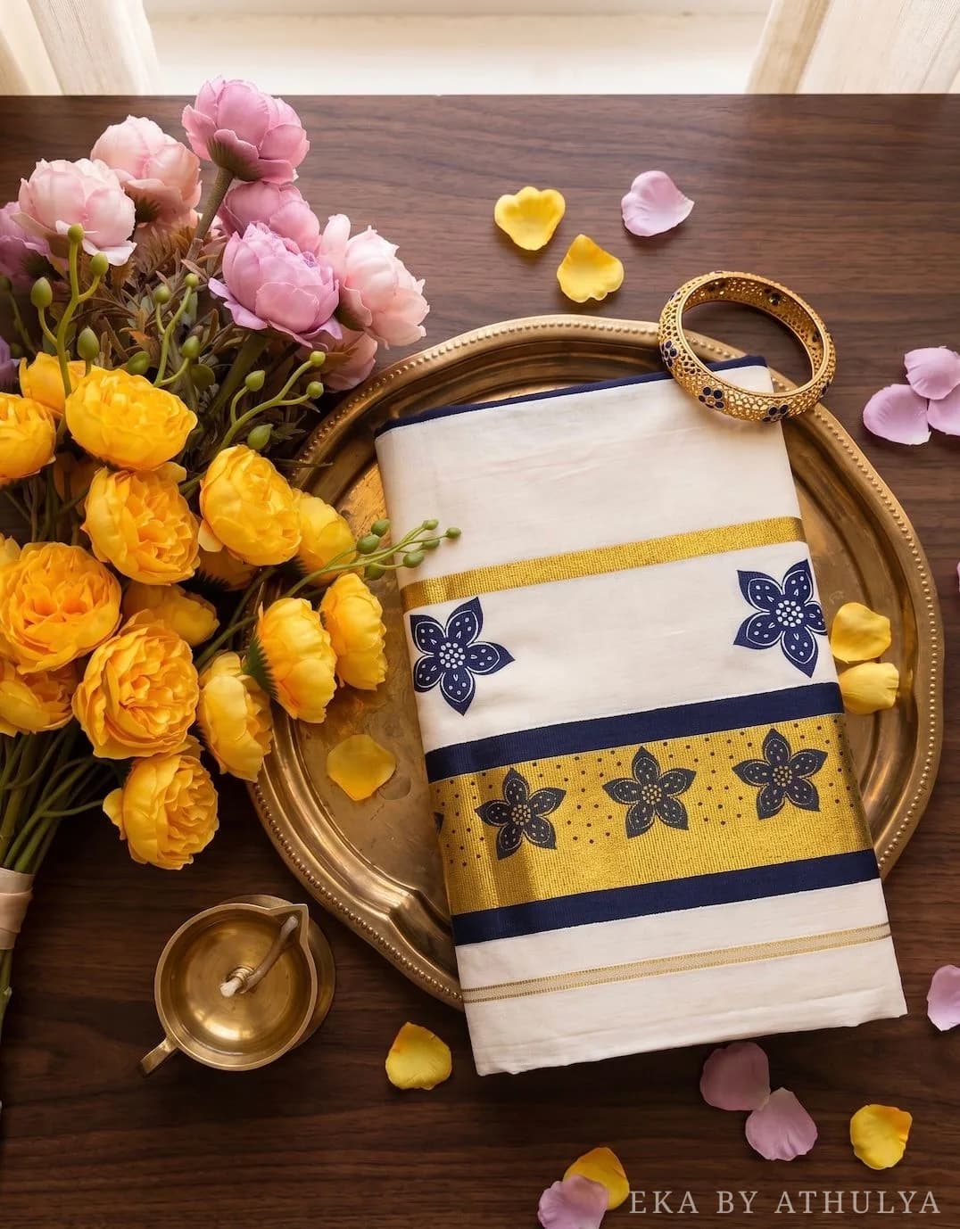 Cotton Off-White Kerala Set Saree with Navy Blue Stripes