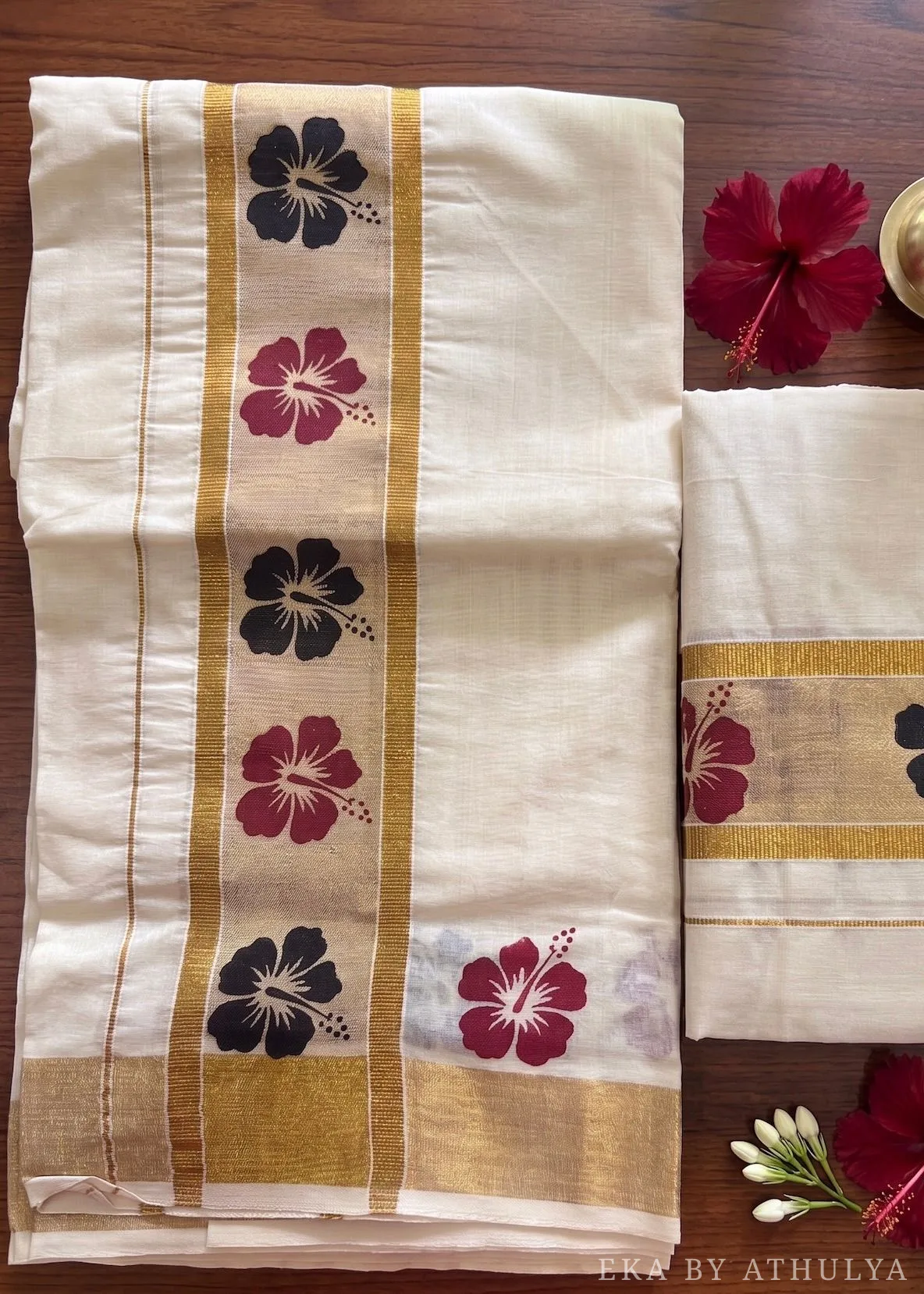 Pure Cotton Set Mundu with Hibiscus Flower Pattern Border