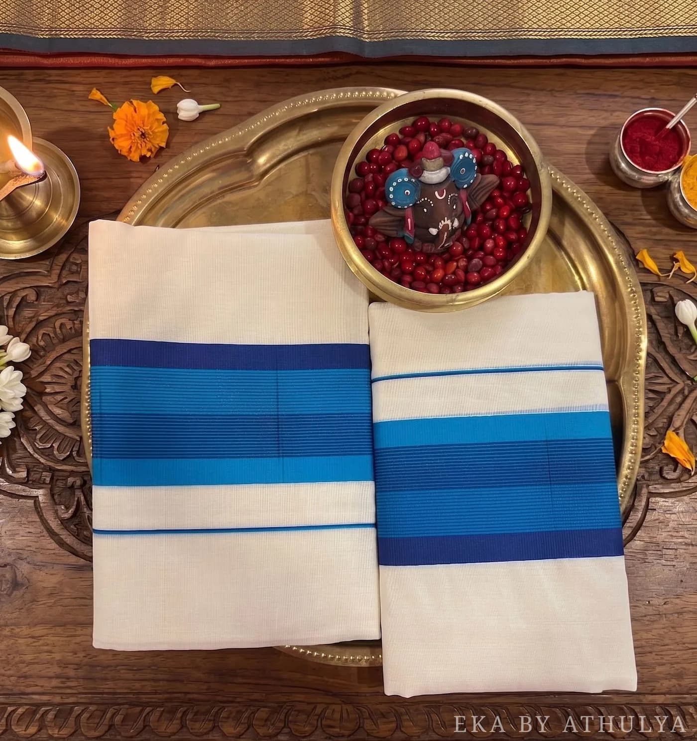 Set Mundu With Blue Color Narrow Striped Border