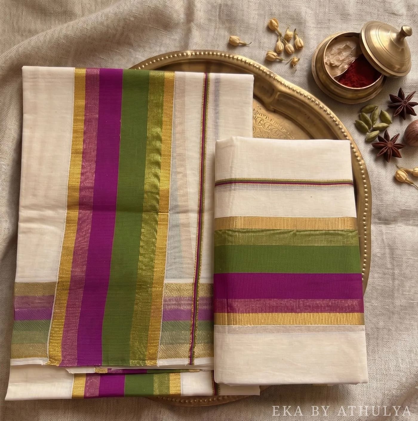Set Mundu With Green, Purple and Golden Border