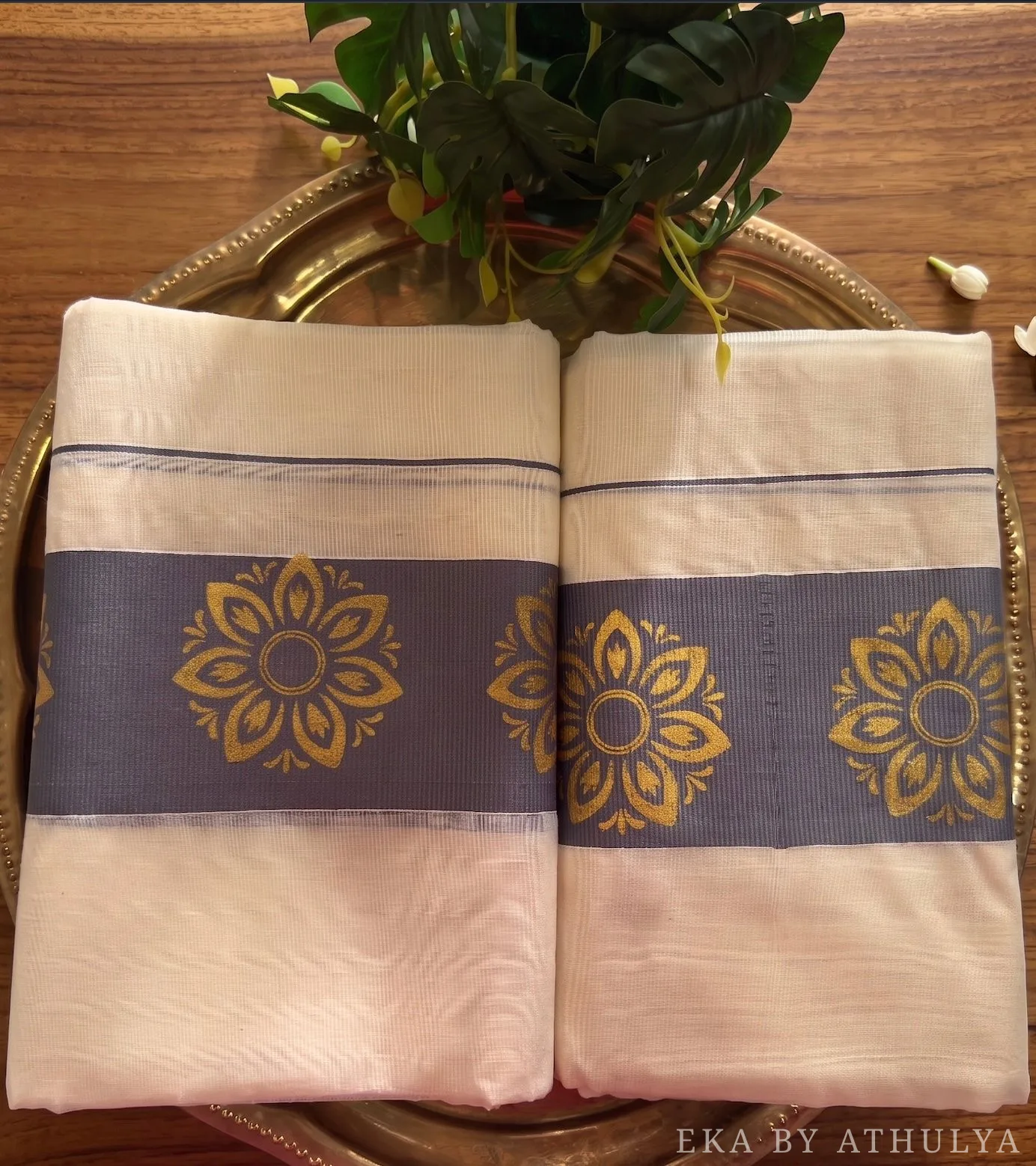 Set Mundu With Grey and Intricate Gold Patterns Border