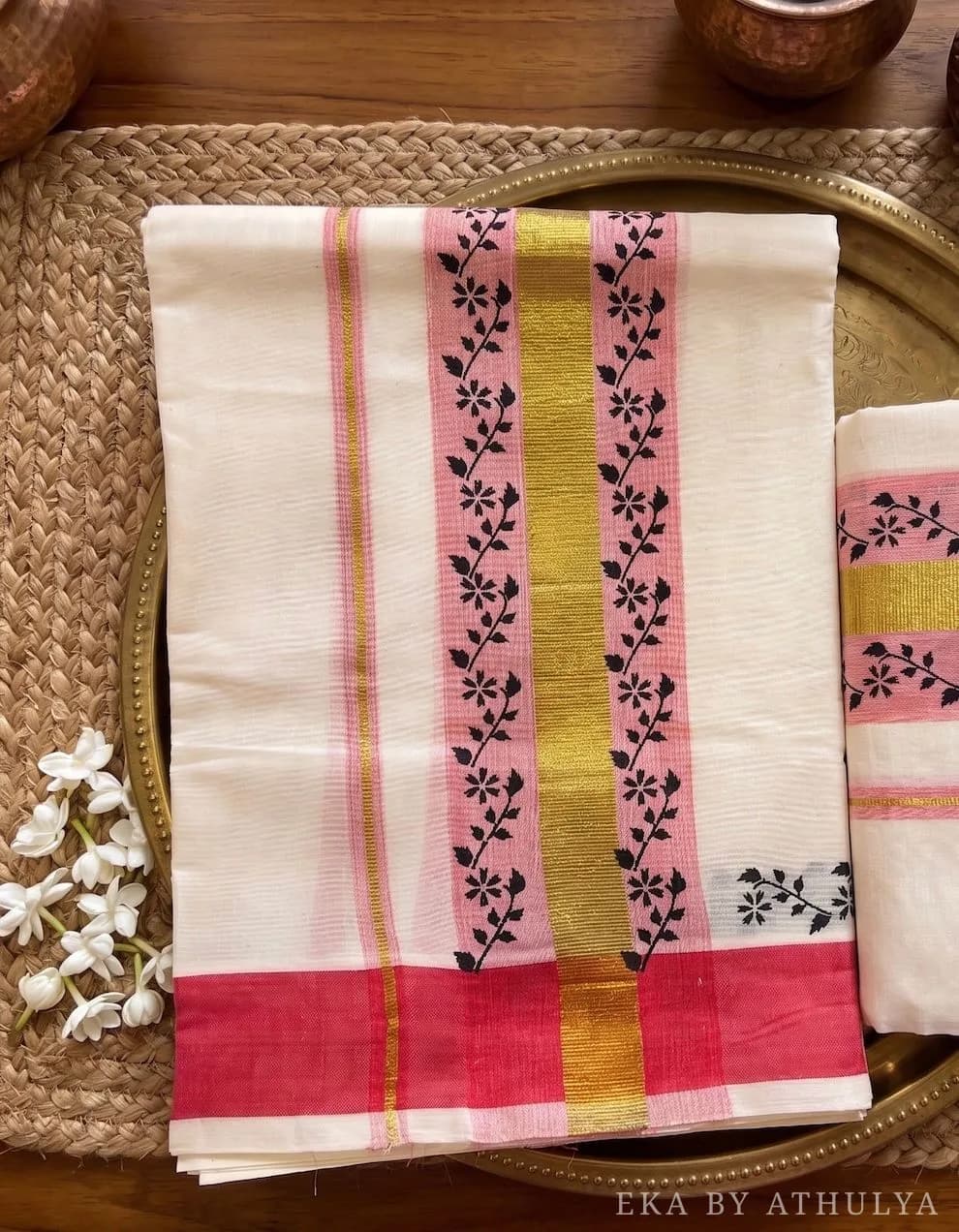 Set Mundu With Vining Floral Motifs, Gold Kasavu Band and Pink Stripes Border