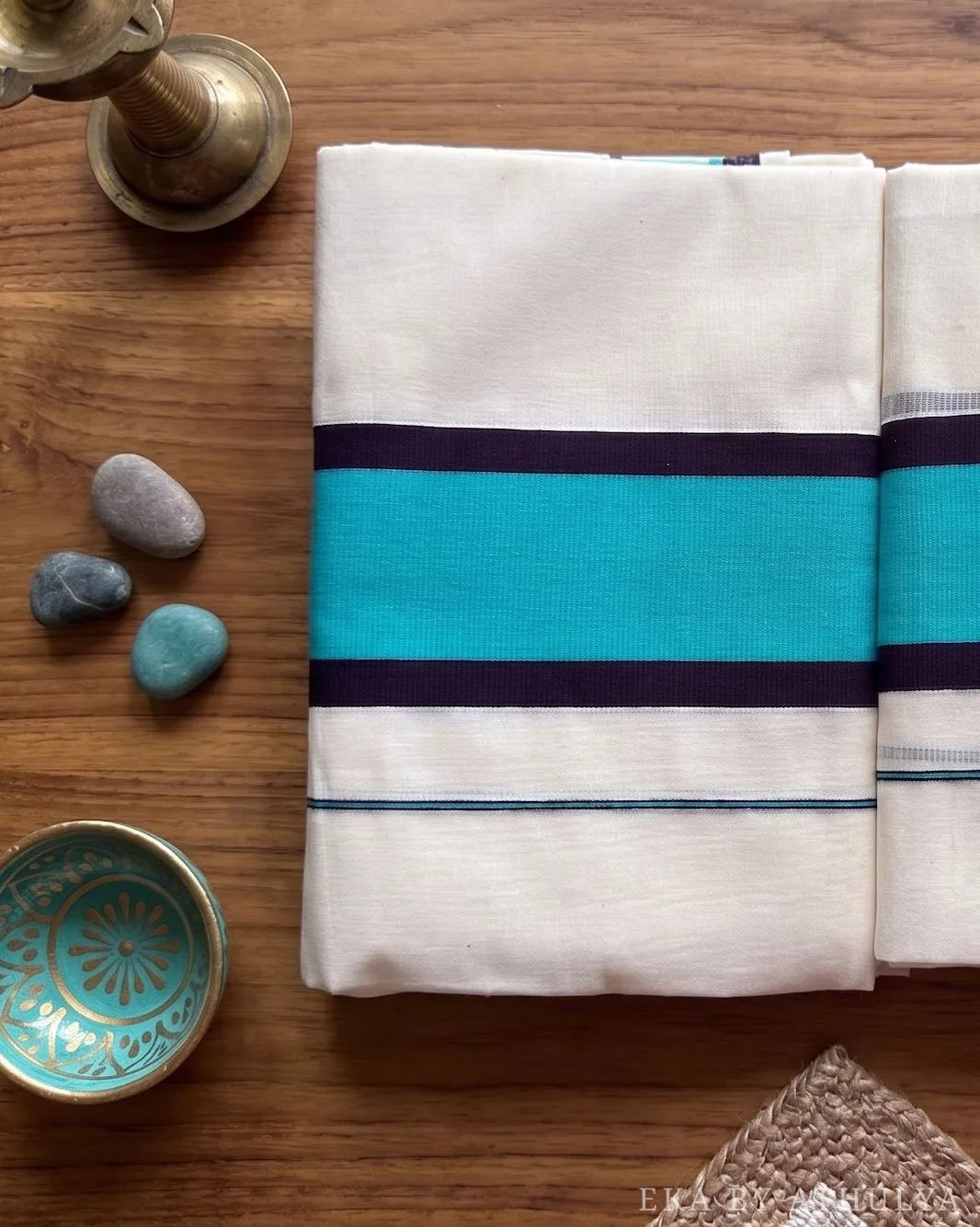 Set Mundu With Dark Navy Blue Bands and Turquoise-Teal Blue Band Border