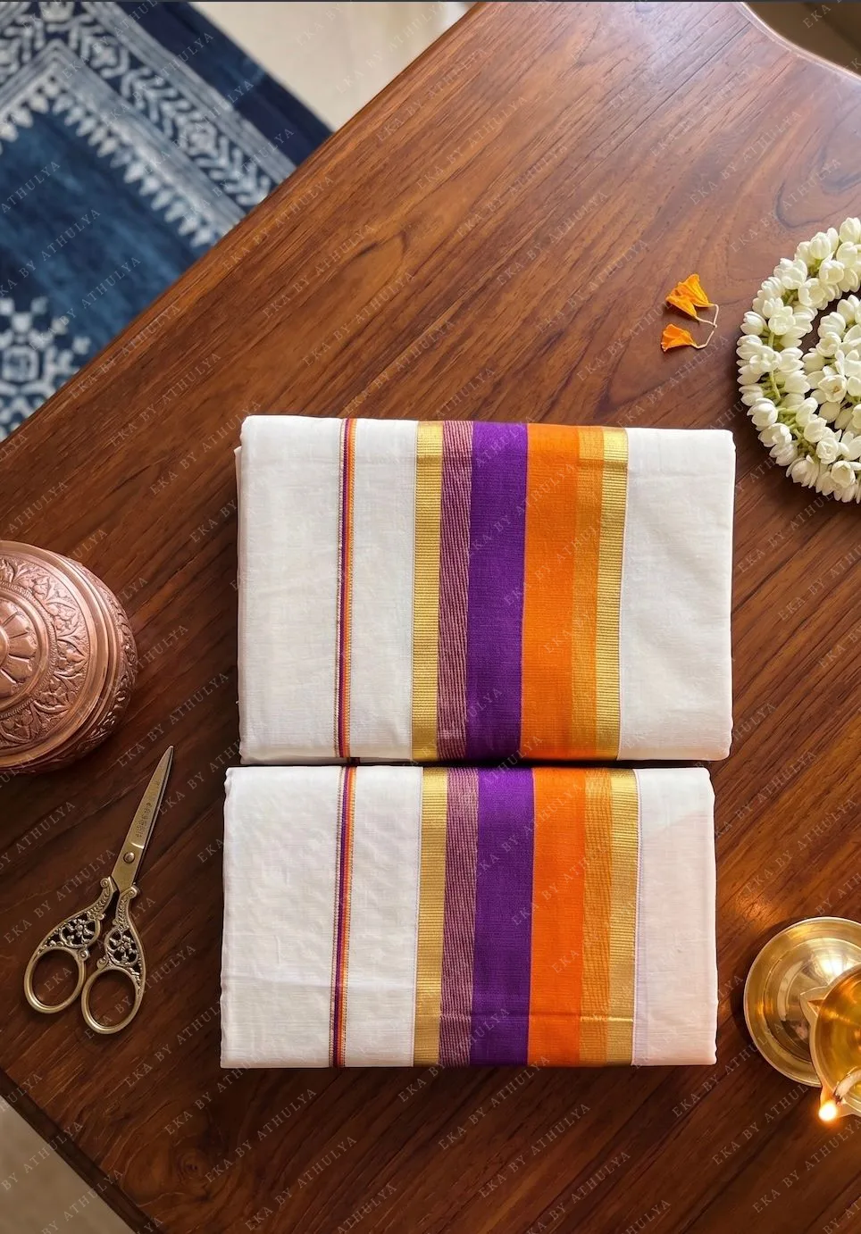 Set Mundu With Orange, Purple and Golden Border