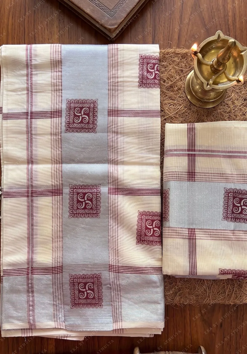 Set Mundu with Regal Maroon Check and Silver Kasavu