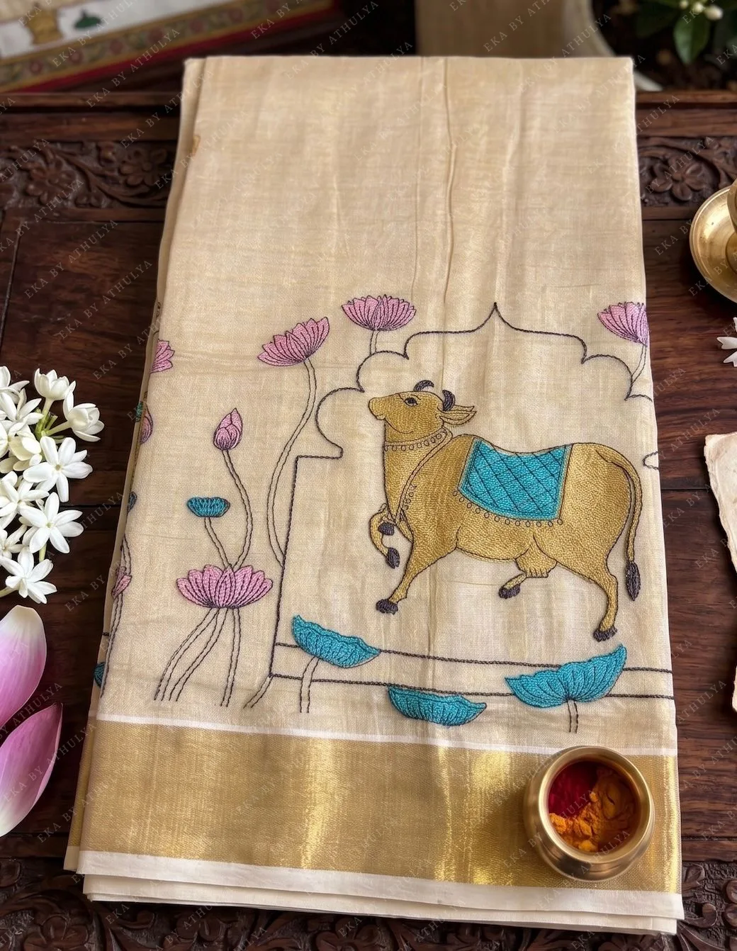 Pichwai-Inspired Embroidered Gold Tissue Saree