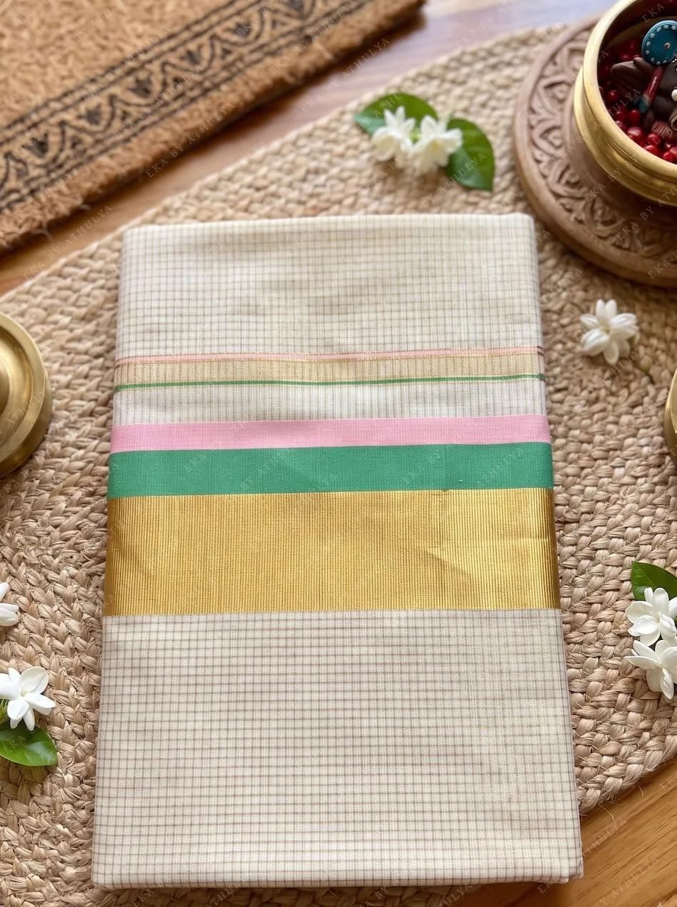 Fine-Checked Kerala Saree with Pastel Kasavu Border
