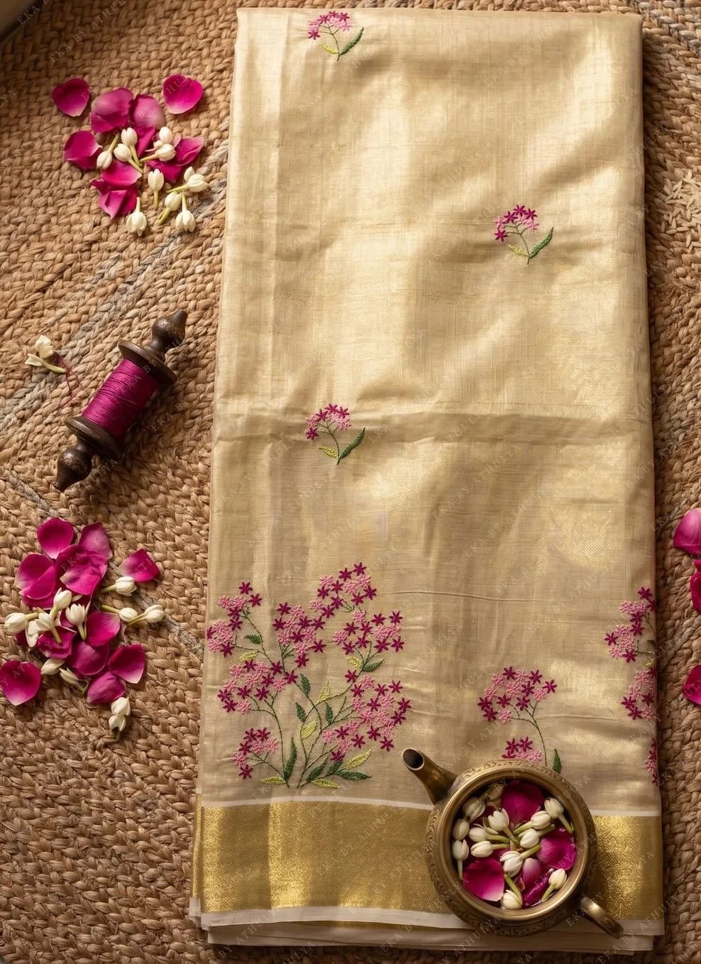 Floral Embroidered Kerala Kasavu Saree