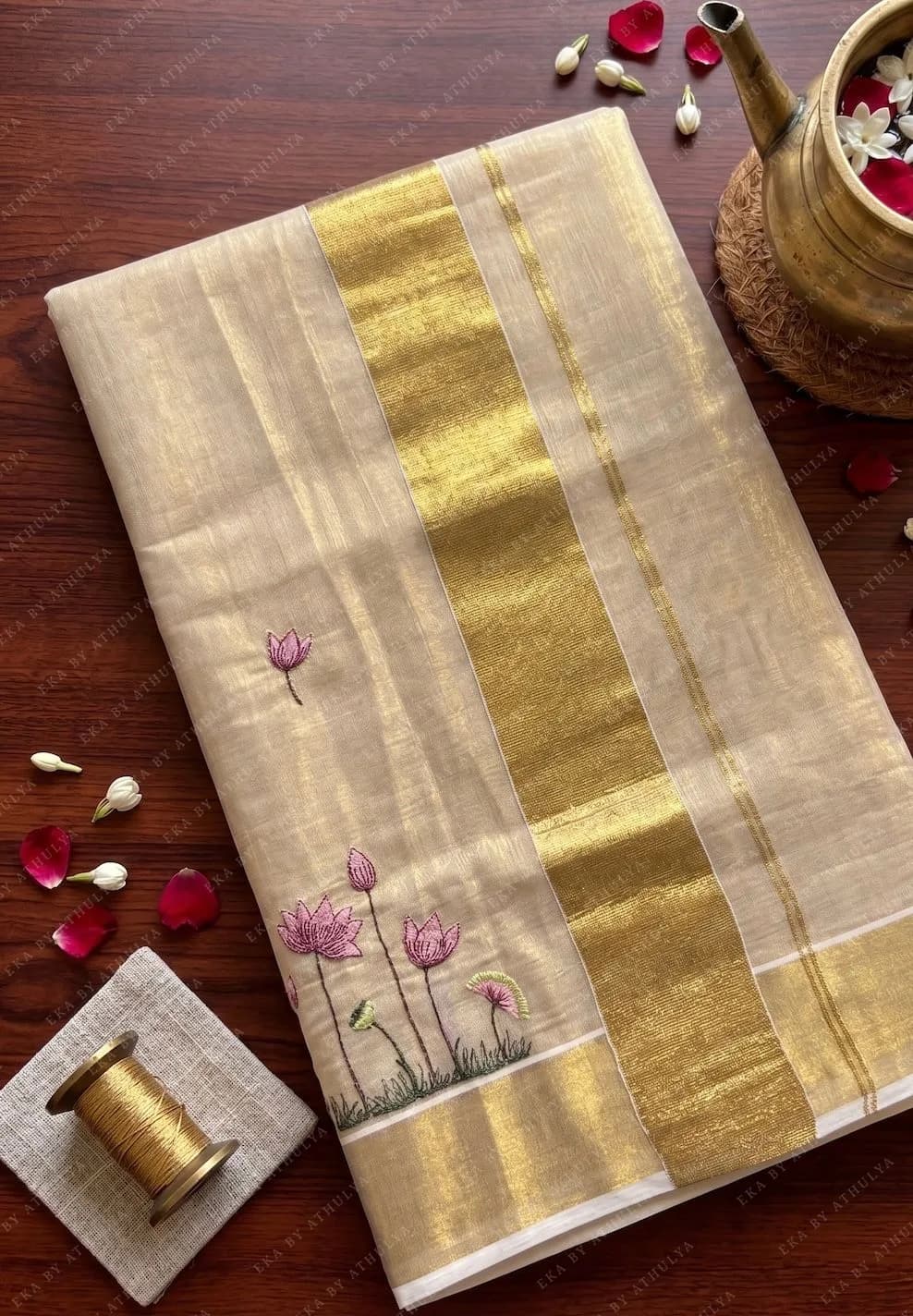 Minimalist Lotus Embroidered Tissue Cotton Saree