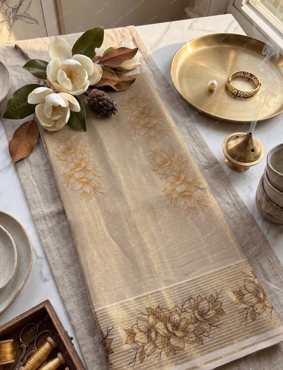 Elegant Champagne Gold Floral Saree