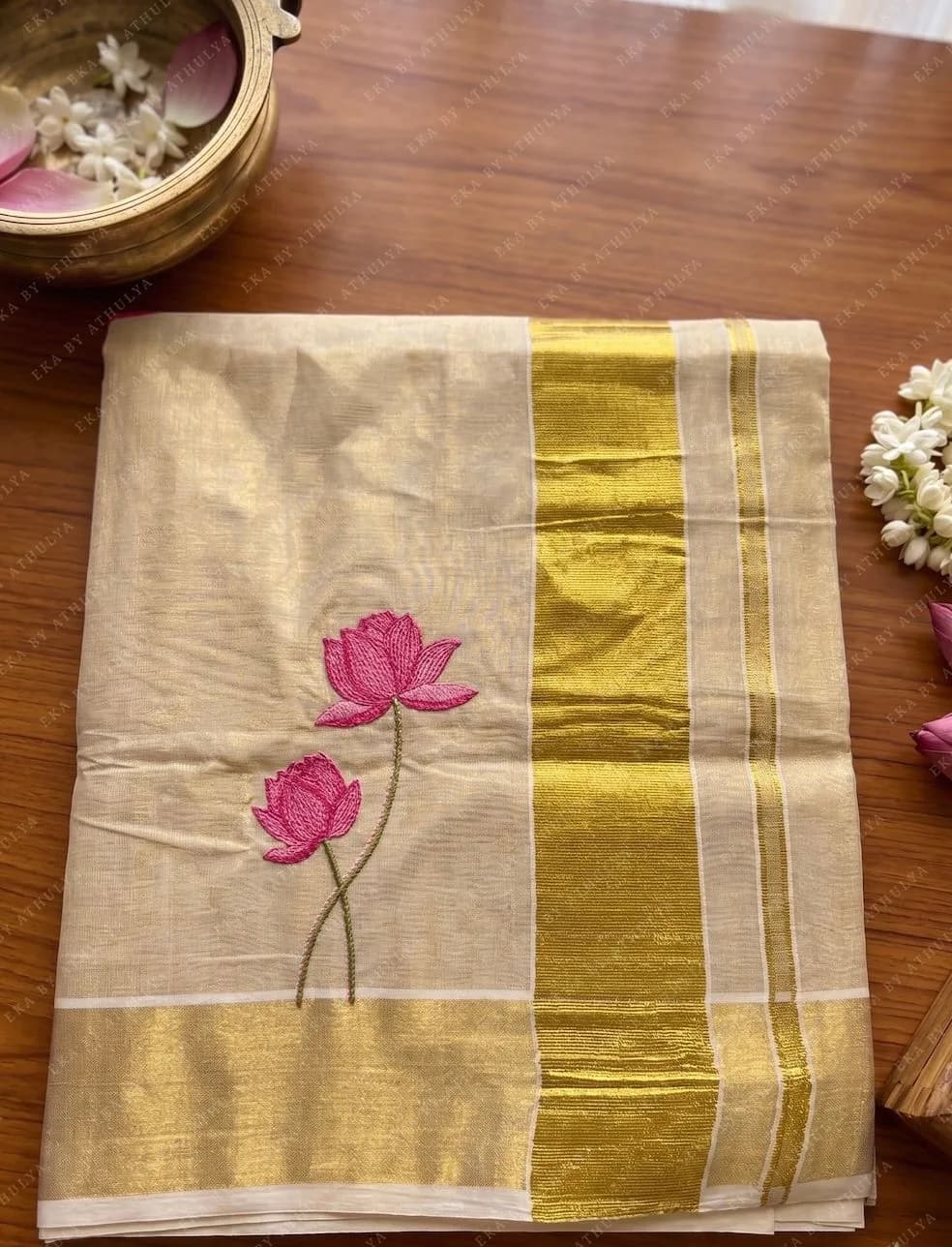 Elegant Champagne Gold Lotus Tissue Cotton Saree