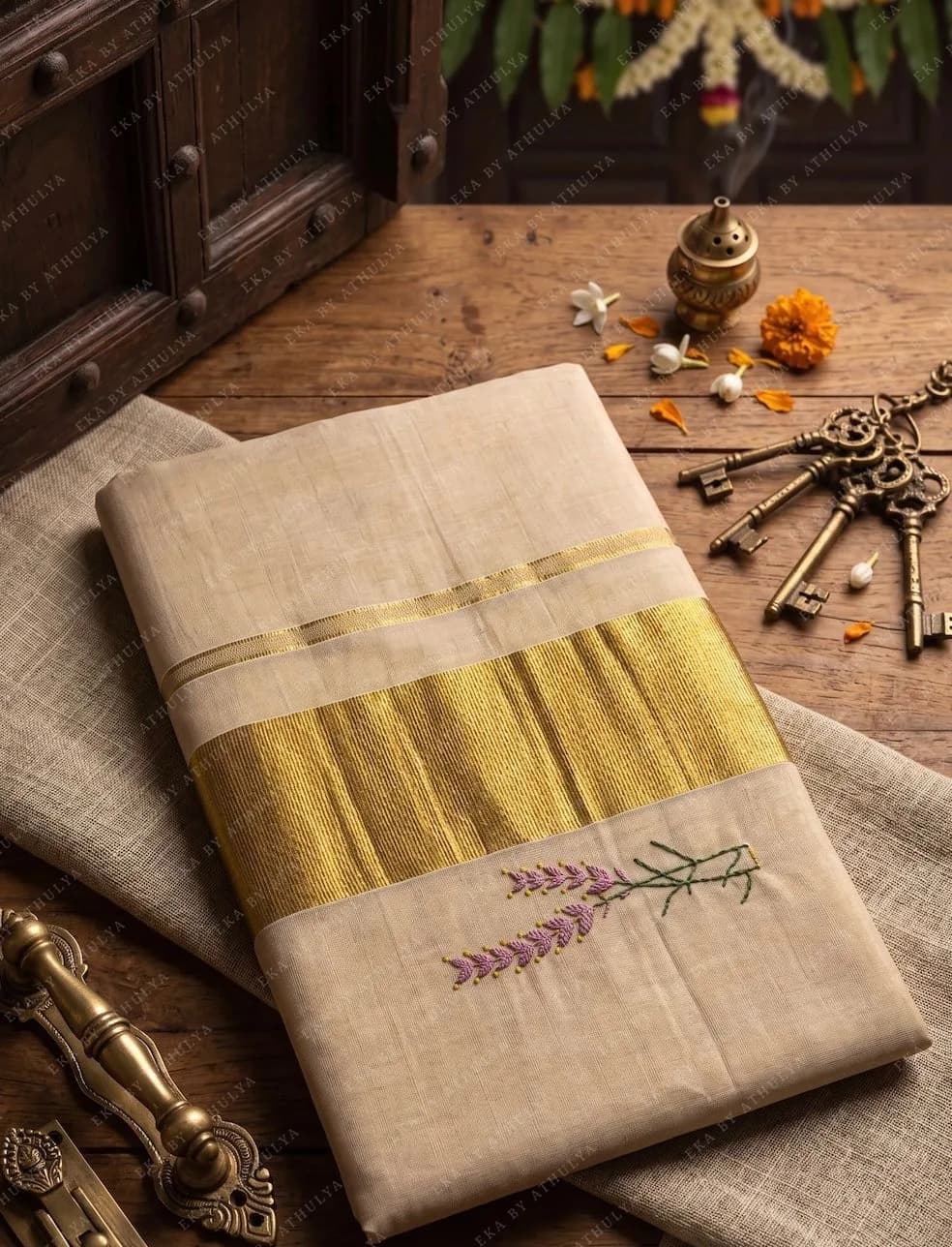 Elegant Lavender Floral embroidered Tissue Cotton Saree