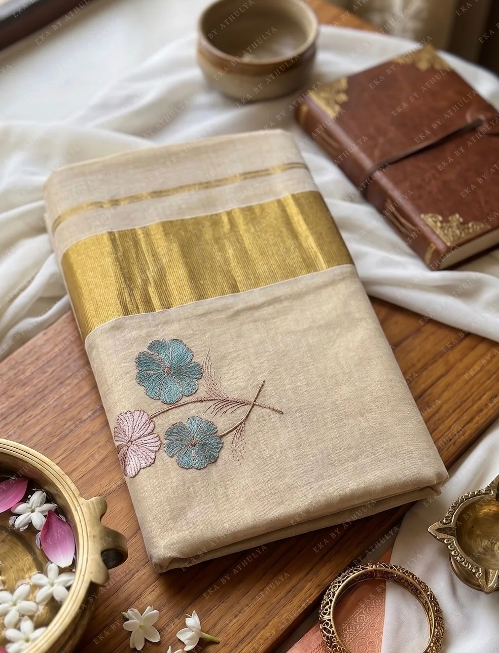 Pastel Floral and Champagne Gold Tissue Cotton Set Saree