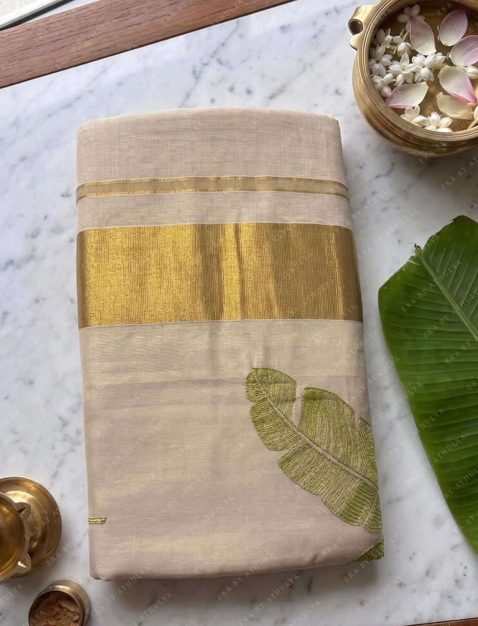 Modern Botanical Kasavu Style Tissue Cotton Saree