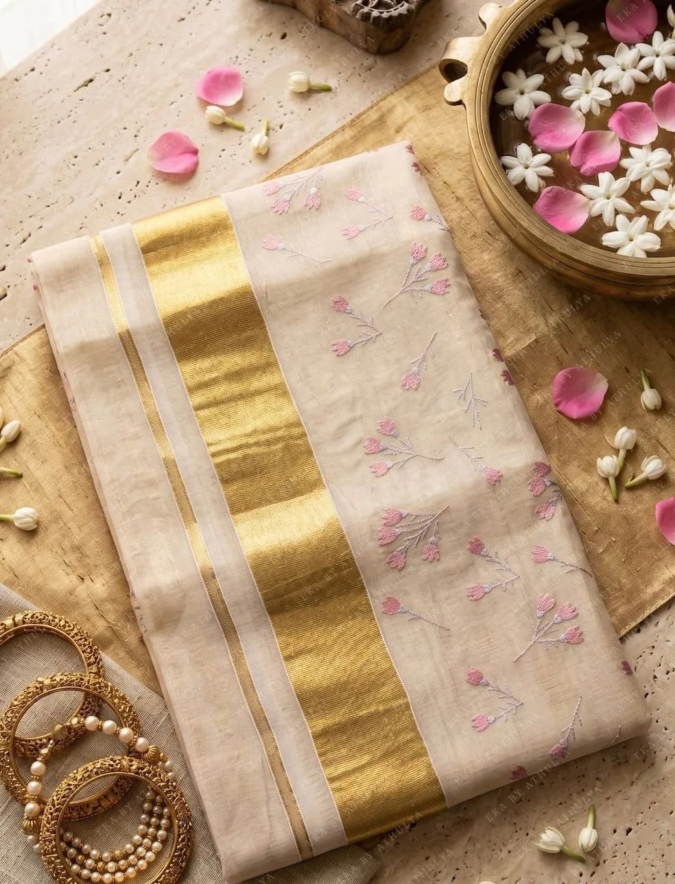 Delicate Pink Floral Tissue Cotton Kasavu Saree