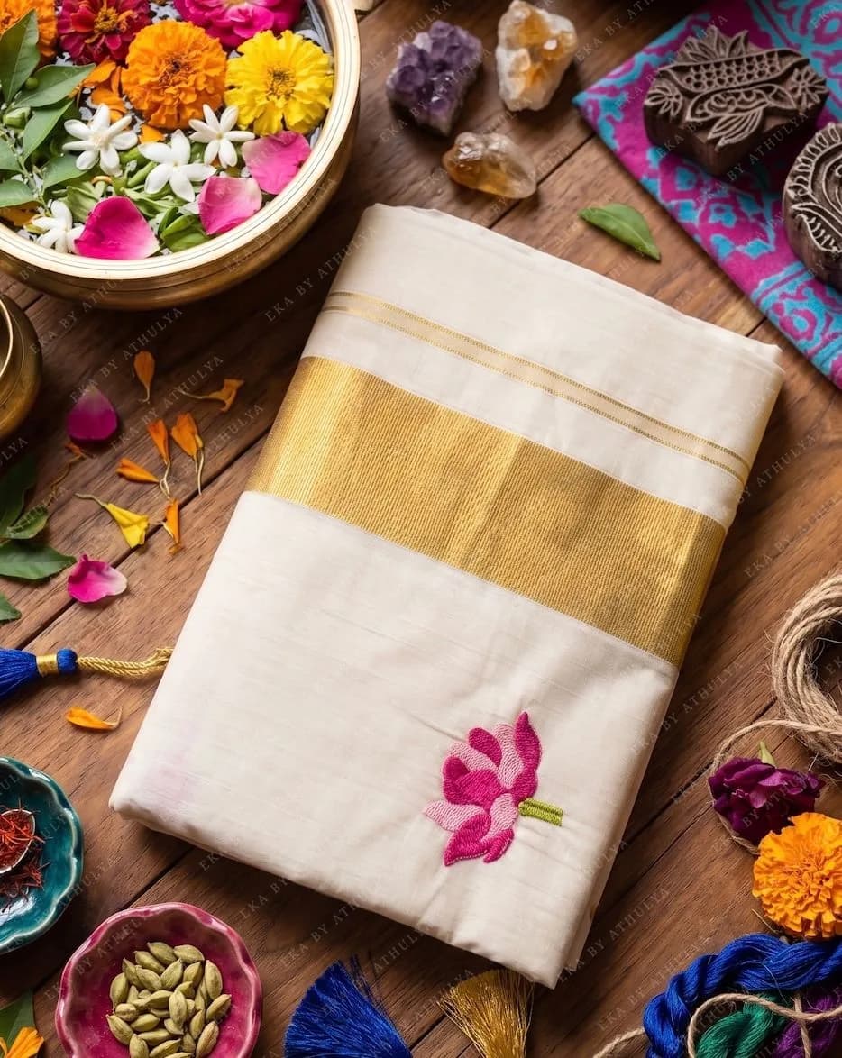 Pure Cotton Kasavu Saree with Embroidered Light and Dark Pink Flower Motifs
