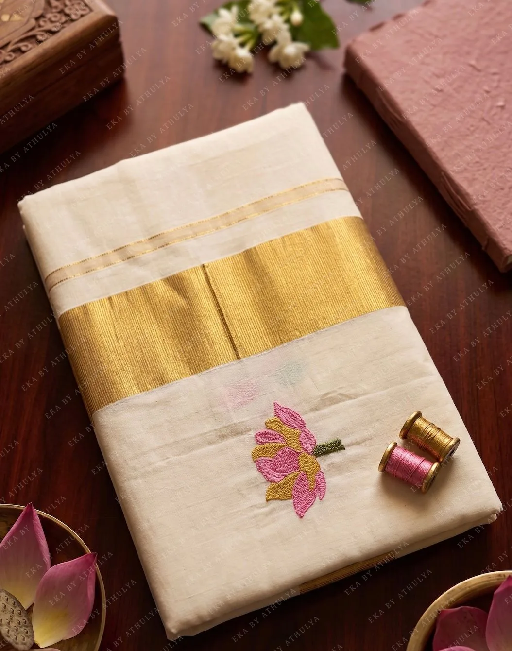 Pure Cotton Kasavu Saree with Embroidered Pink and Yellow Flower Motifs