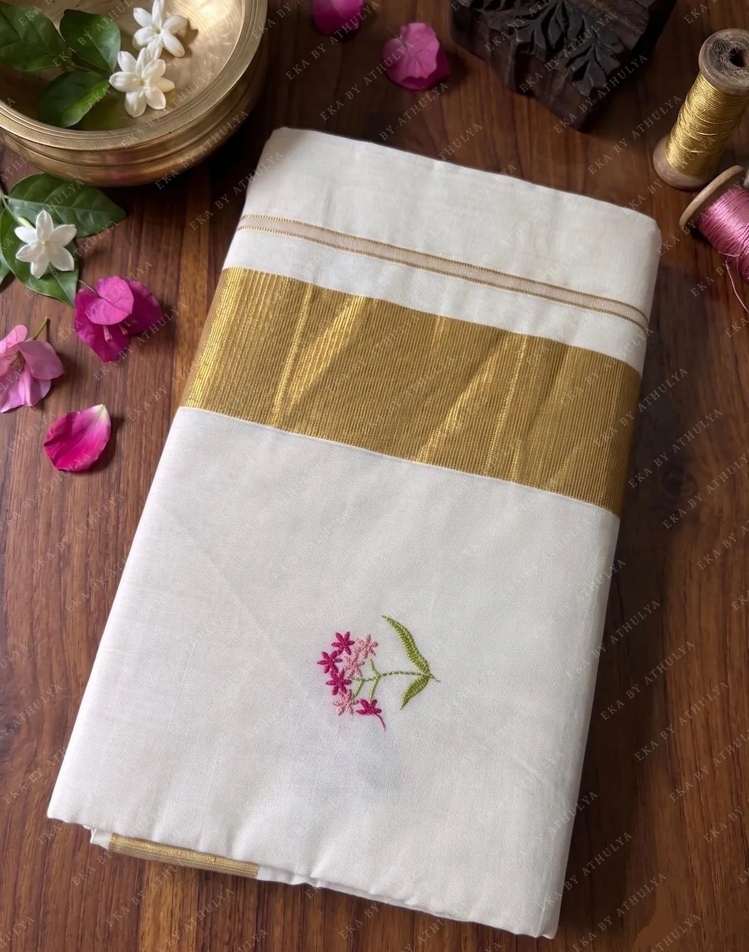 Pure Cotton Kasavu Saree with Embroidered Floral Bouquets