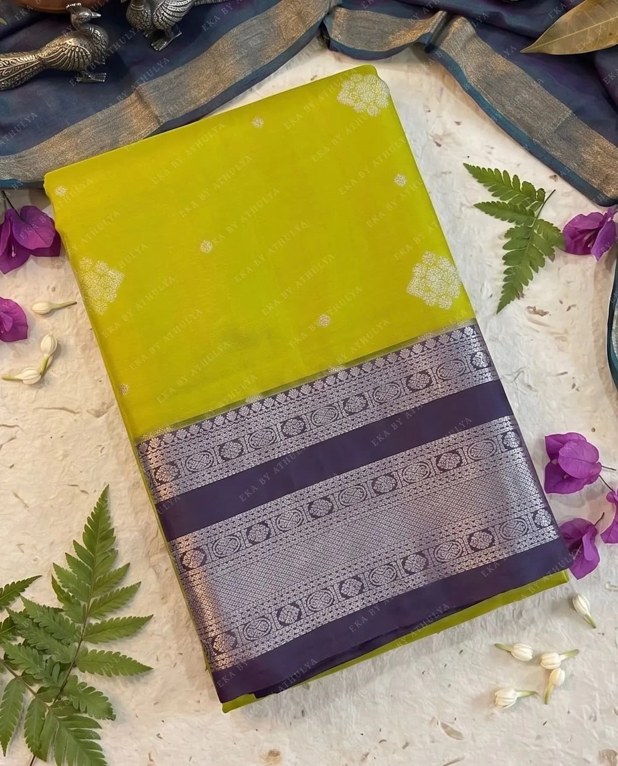 Lime and Aubergine Blossom Drape Soft Silk Saree