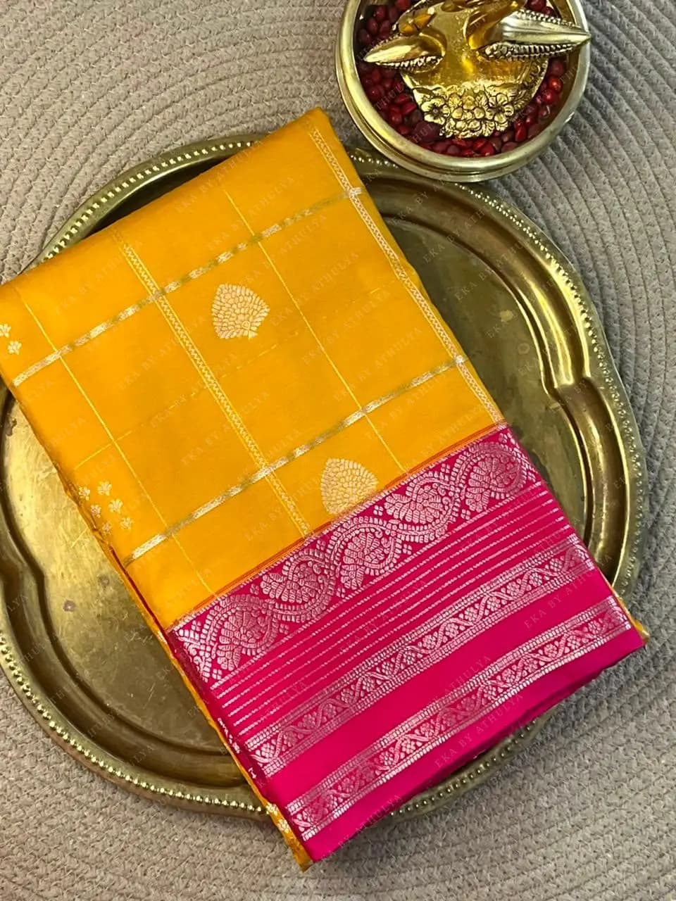 Mustard Yellow Soft Silk Saree With Hot-Pink Border