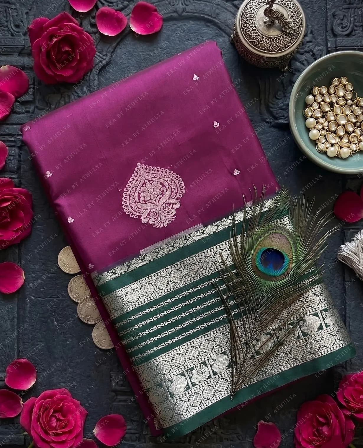 Royal Plum and Emerald Green Drape Soft Silk Saree