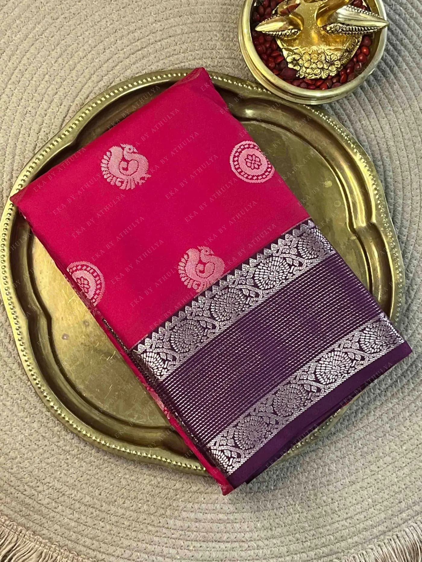 Vibrant Pink Body Soft Silk Saree With Purple-Silver Border 