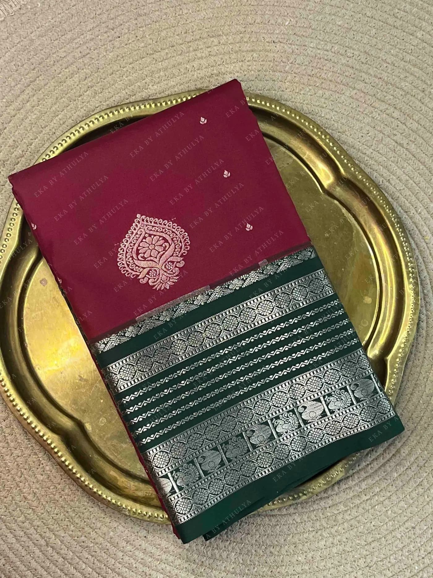 Royal Maroon Body And Emerald Green-Silver Border Soft Silk Saree