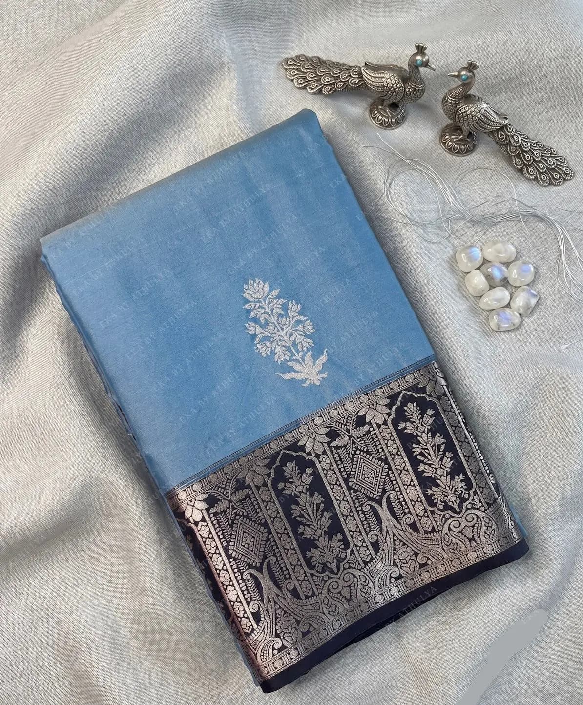 Slate Blue Soft Silk Saree With Azure Floral Contrast Drape