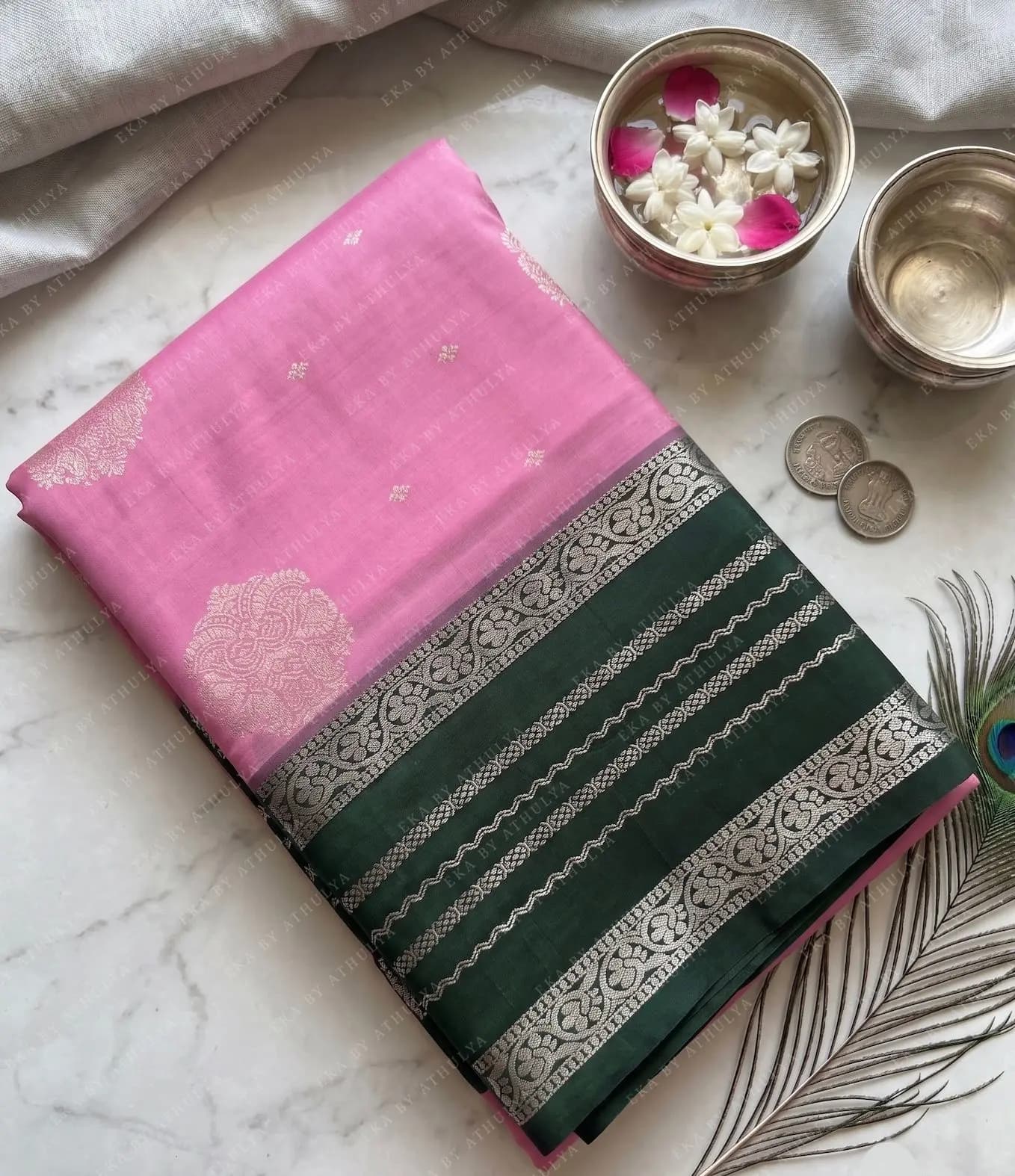 Rose Pink Soft Silk Saree With Forest Green-Silver Border