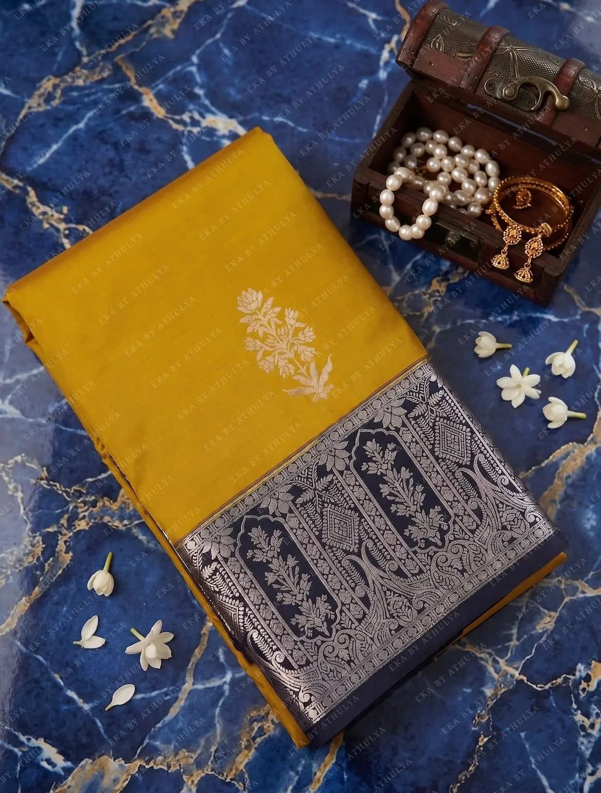 Golden Mustard Body Soft Silk Saree With Silver Zari and Midnight-Blue Border