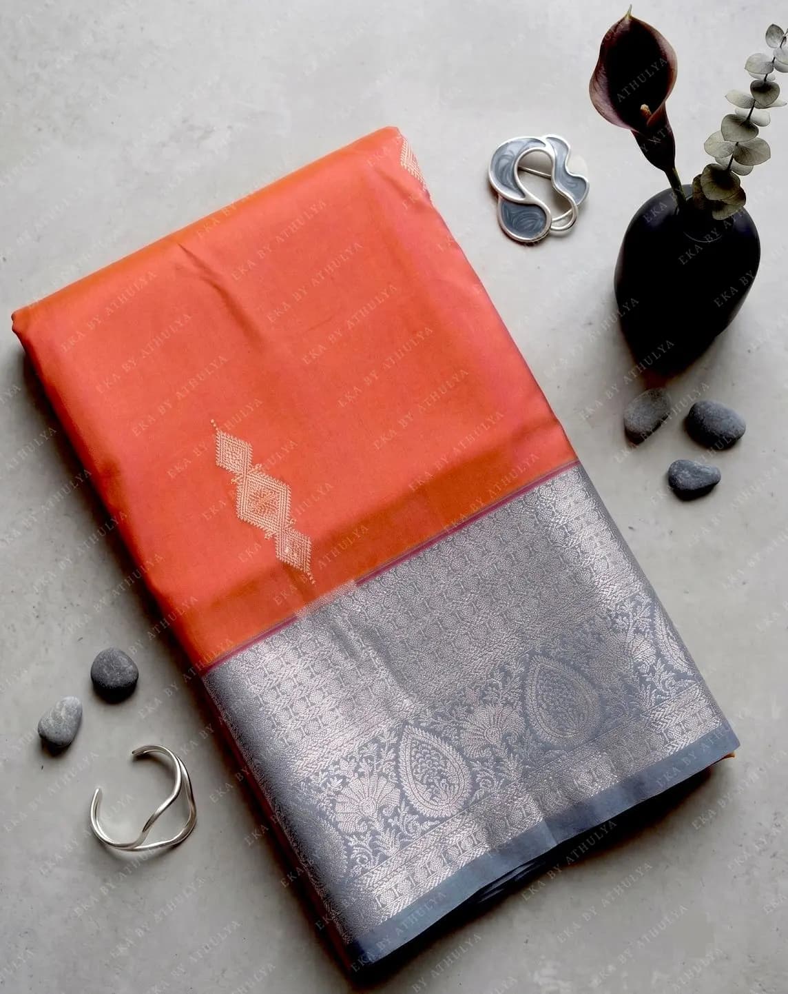 Persimmon Orange Color Body Soft Silk Saree With Silver Zari Border