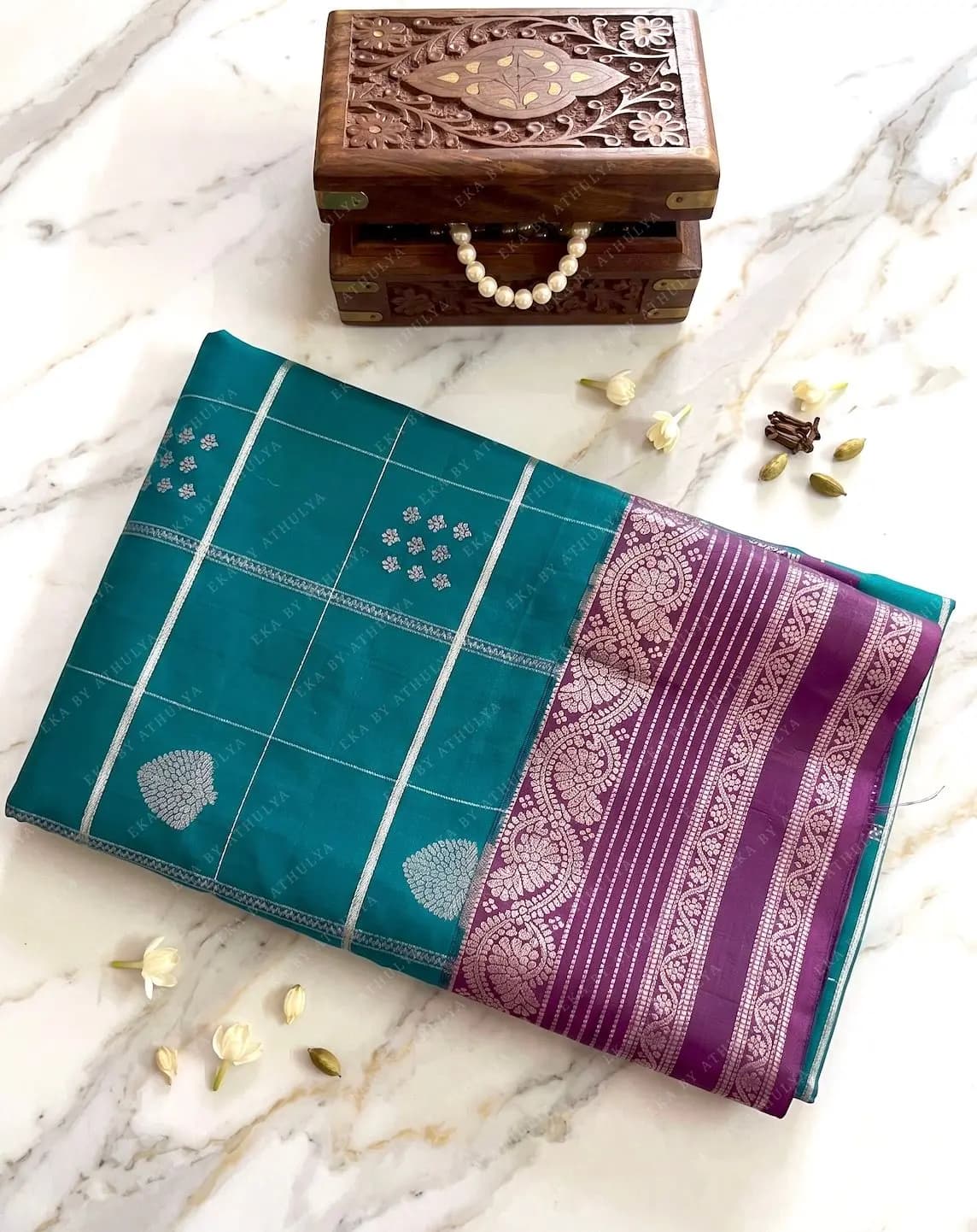Teal Body Soft Silk Saree With Silver-Check And Deep Purple Pallu And Border