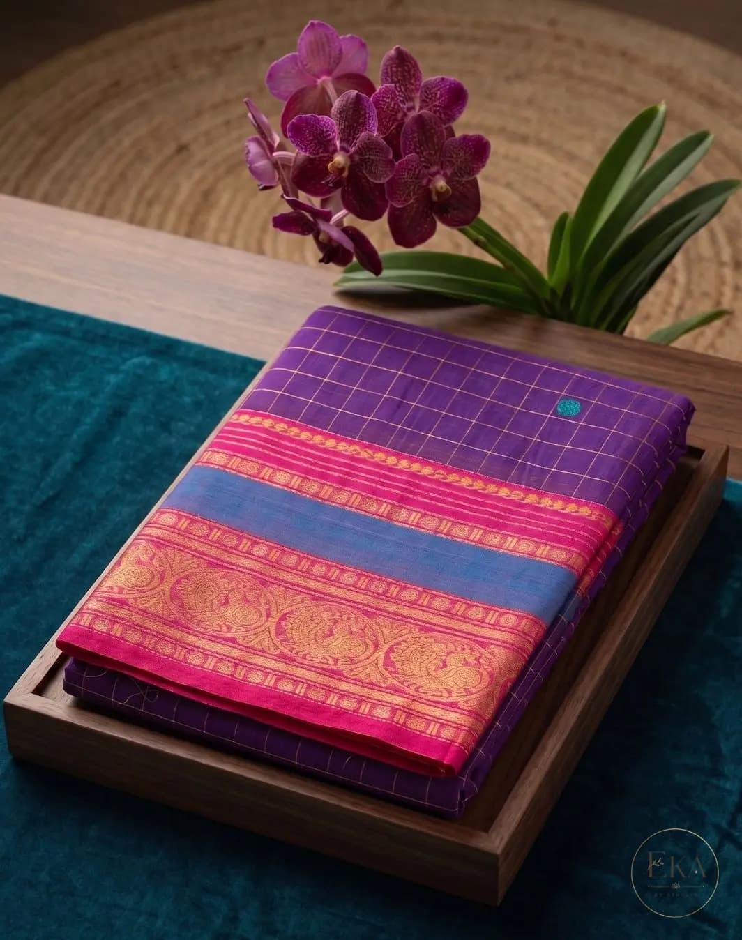 Kanchi Cotton Saree With Purple Body and Pink-Blue Border