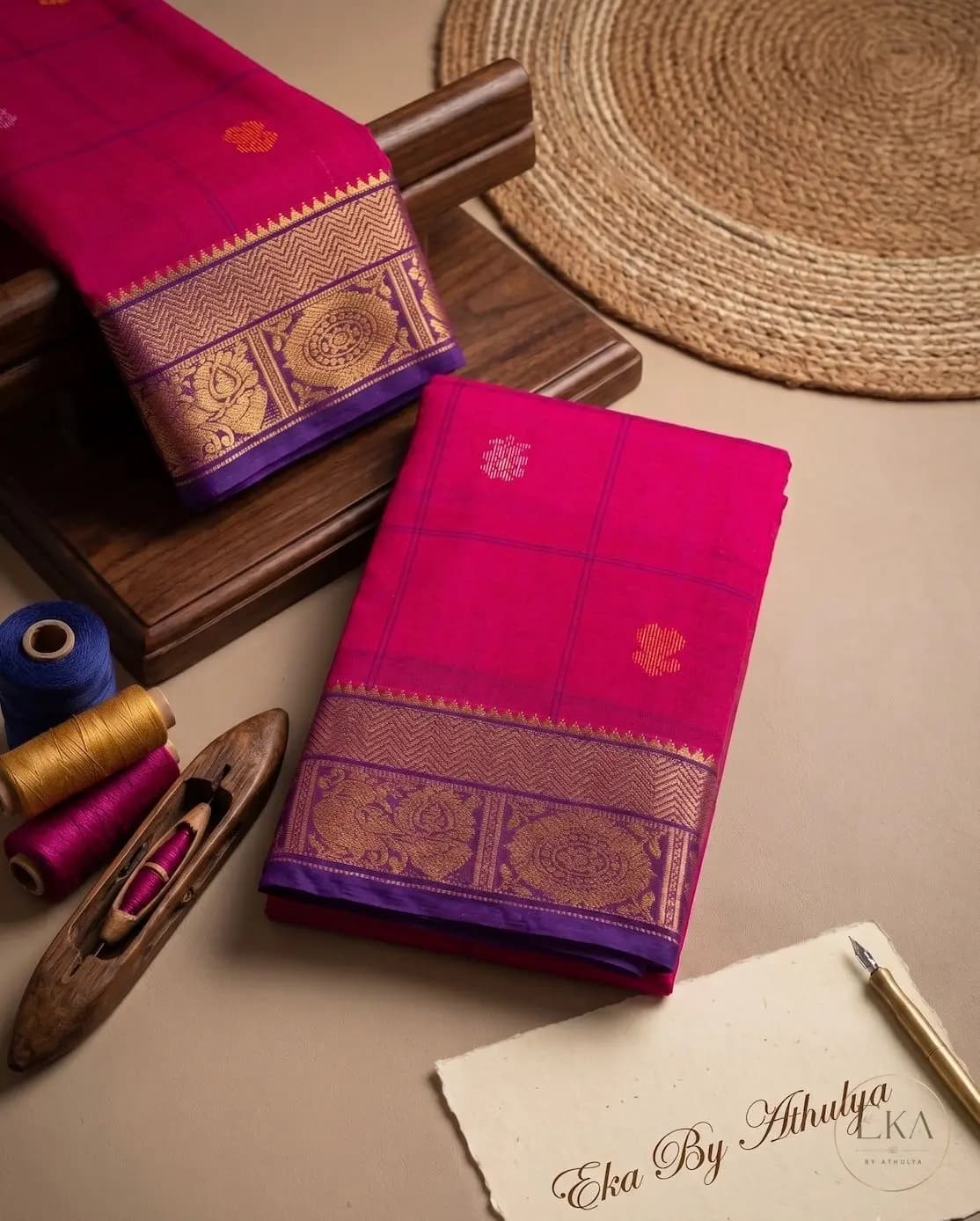 Kanchi Cotton Saree With Rani Pink Body And Violet Border