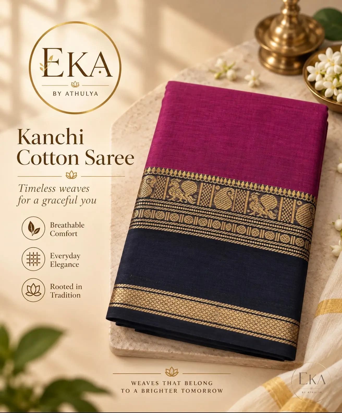 Kanchi Cotton Saree With Solid Magenta Body and Black-Golden Zari Border 