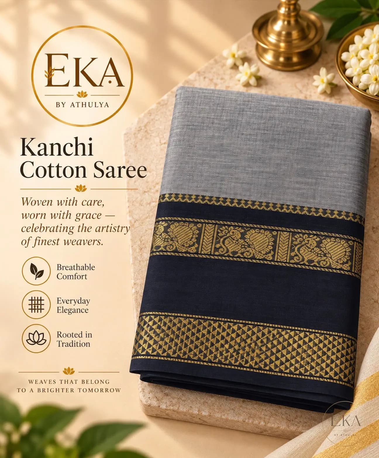 Kanchi Cotton Saree with Grey Body And Black-Golden Zari Border