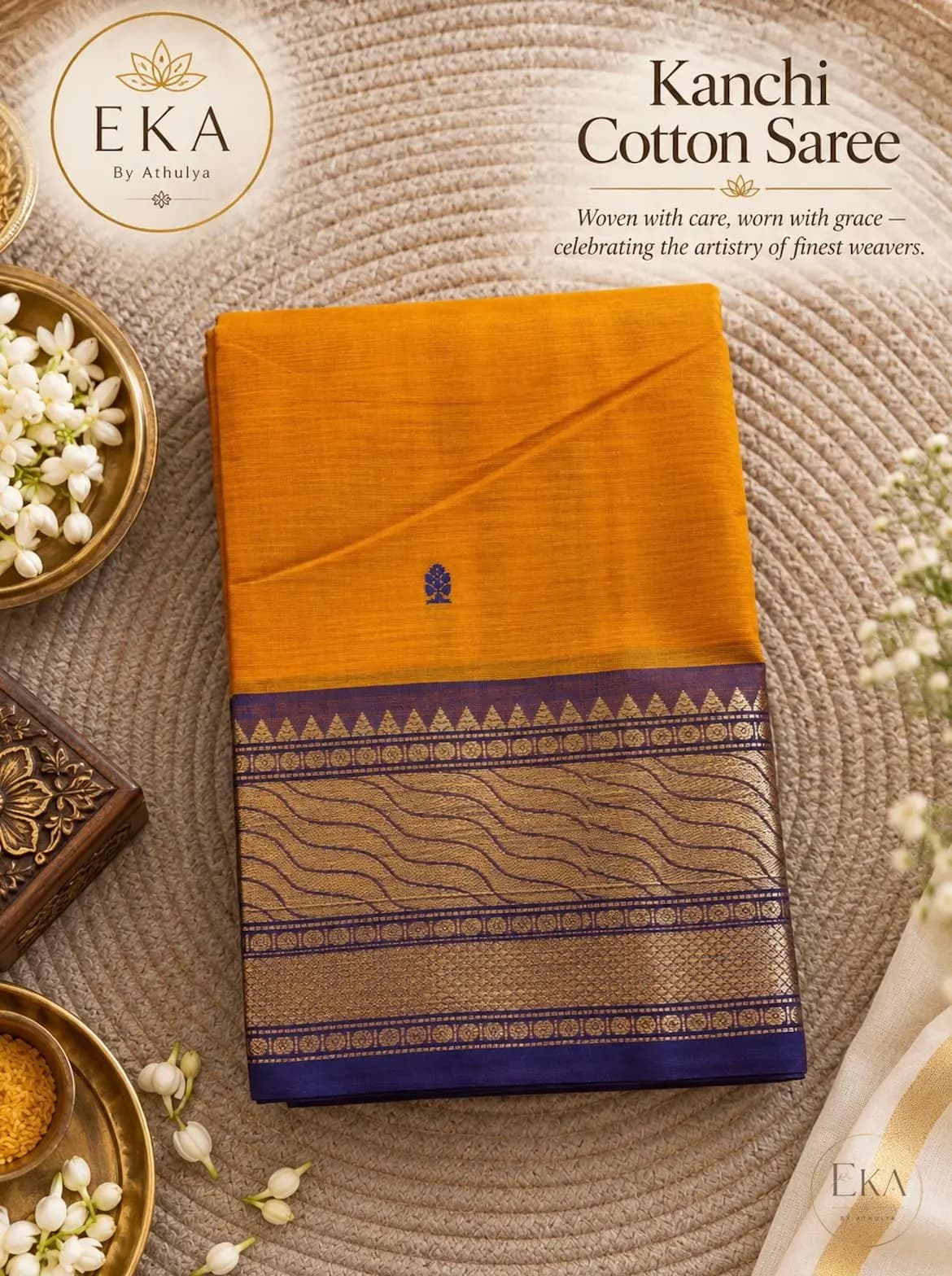 Kanchi Cotton Saree with Saffron Gold Body and Purple-Gold Zari Border