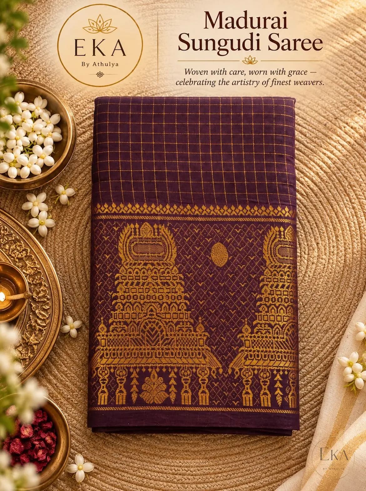 Madurai Sungudi Cotton Saree With Gopuram Design - Maroon