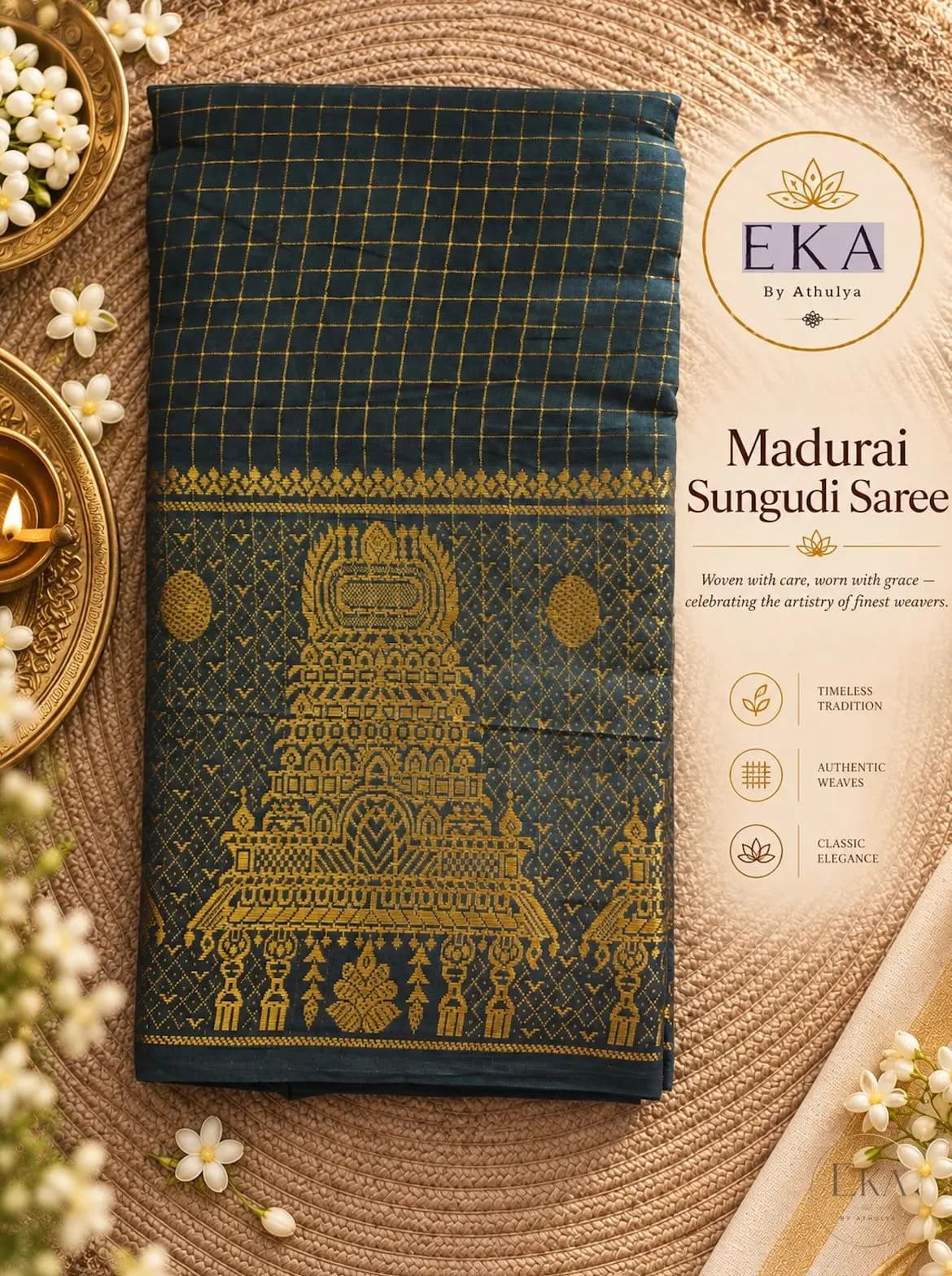 Madurai Sungudi Cotton Saree With Gopuram Design - Dark Green