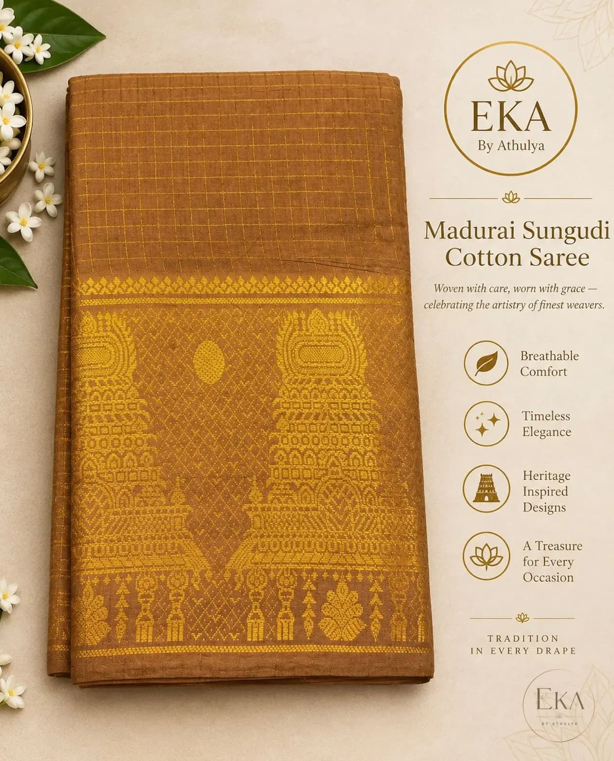 Madurai Sungudi Cotton Saree With Gopuram Design - Earthy Rust Orange