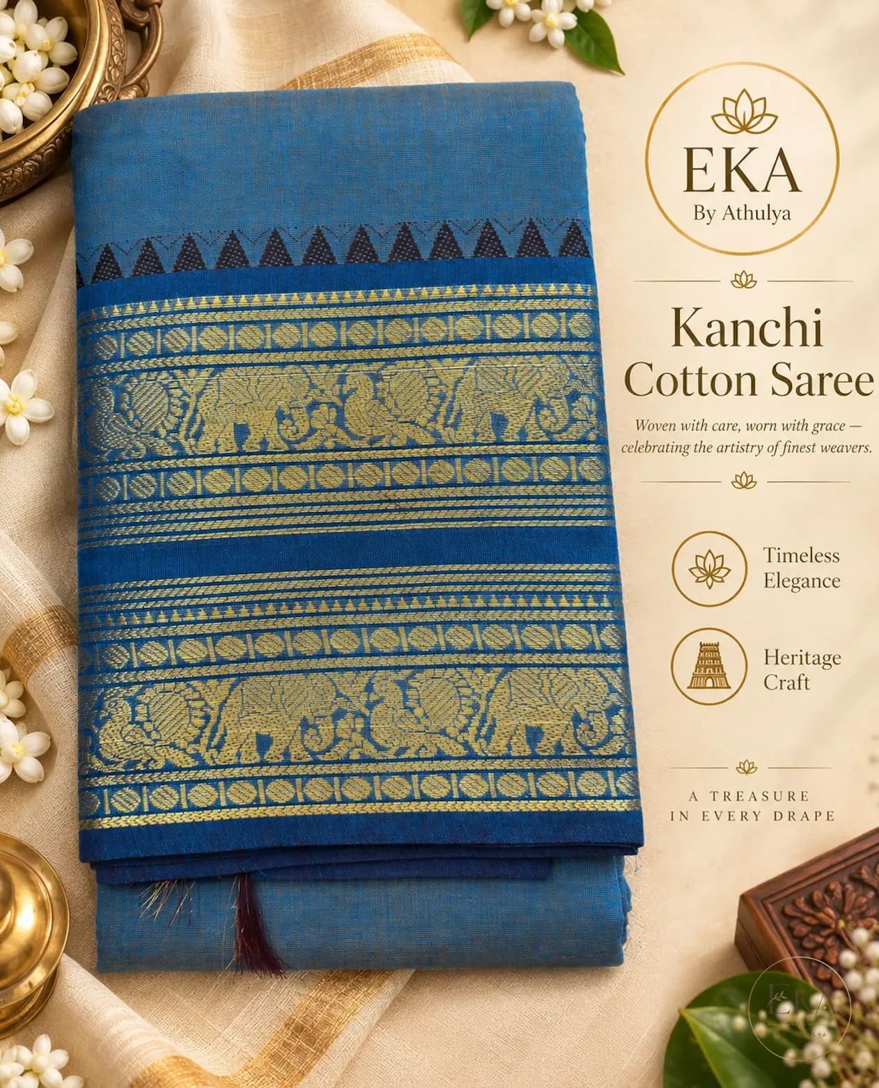 Kanchi Cotton Saree with Slate Blue Body And Golden Zari Border