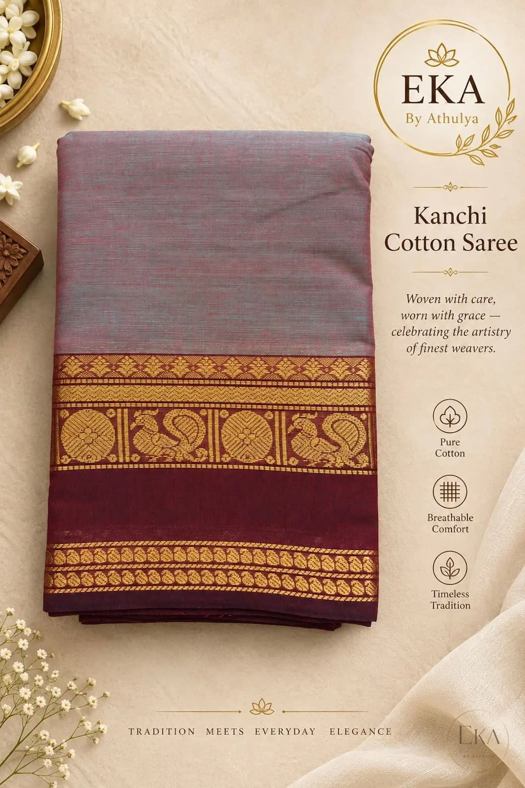Kanchi Cotton Saree With Greenish Grey And Maroon Body
