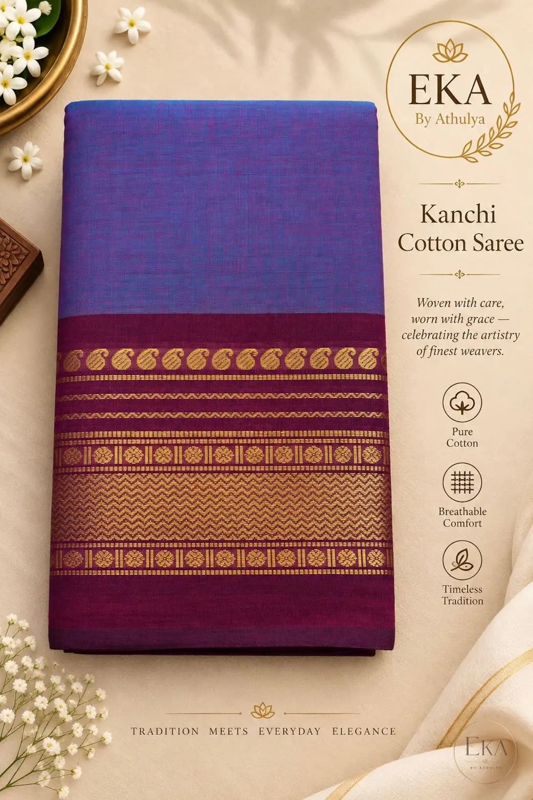 Kanchi Cotton Saree with Violet-Blue Body And Plum Zari Border