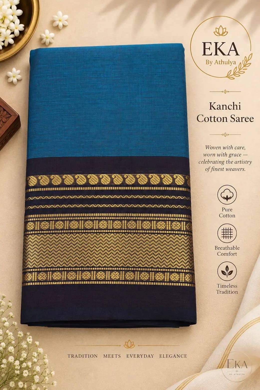 Kanchi Cotton Saree with Teal Blue Body And Dark Plum Zari Border