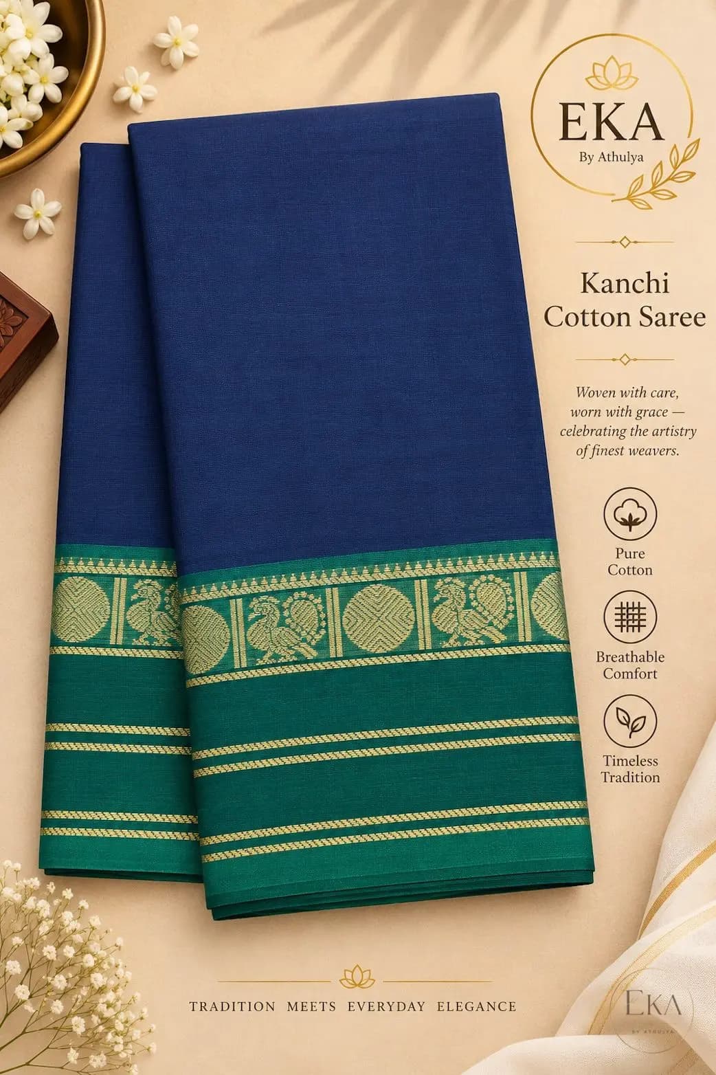 Kanchi Cotton Saree with Navy Blue Body And Green Zari Border