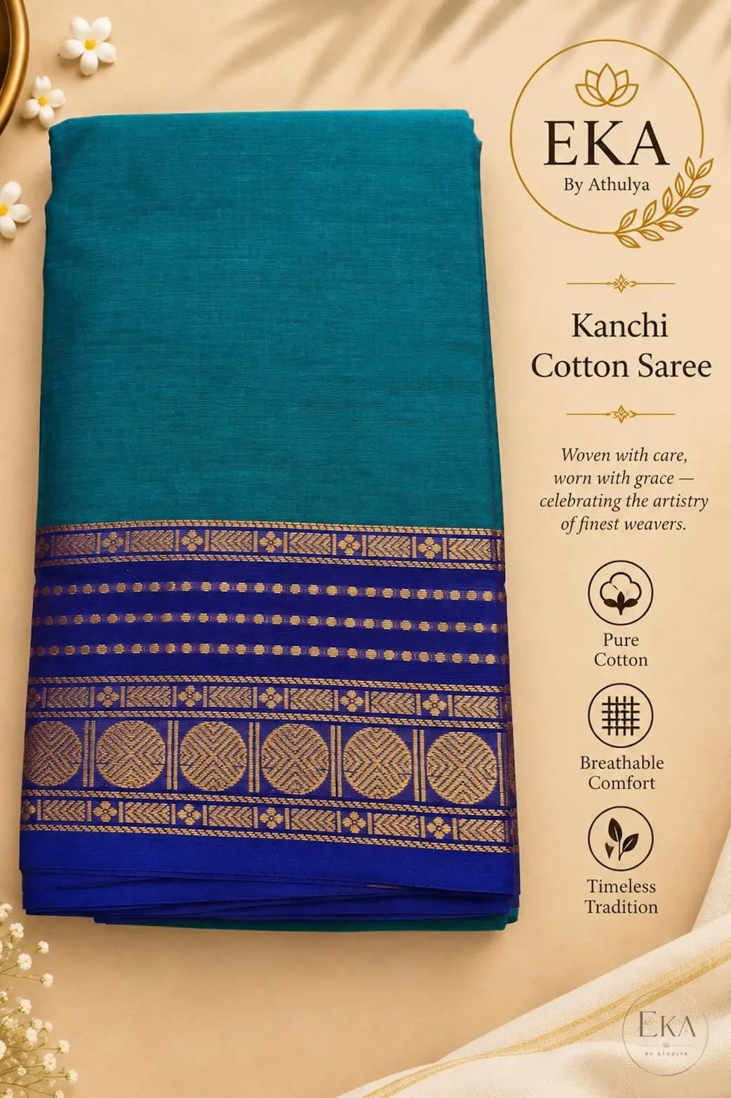 Kanchi Cotton Saree With Teal Green Body And Royal Blue Zari Border