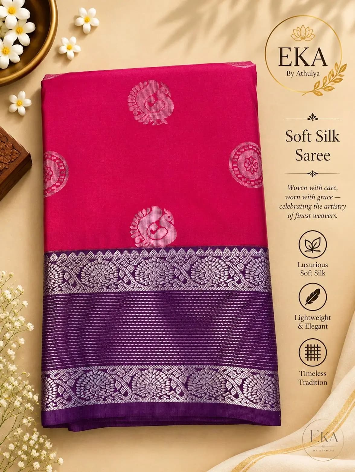 Vibrant Pink Body Soft Silk Saree With Purple-Silver Border 
